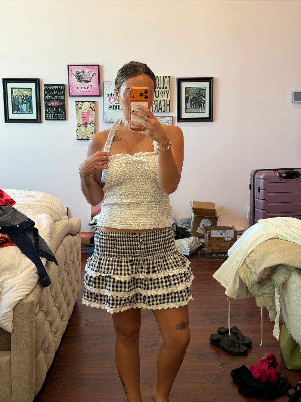 MAJORELLE Black & White Gingham Ruffle Mini Skirt